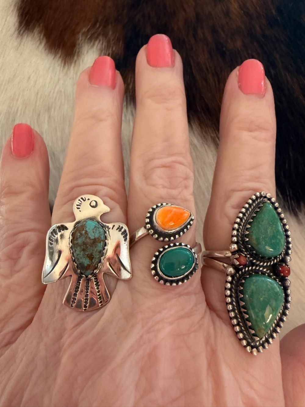 ❤️ Kingman Turquoise Hand Stamped 925 Thunderbird Decorative Band Ring SZ 5.75 - Picture 3 of 15